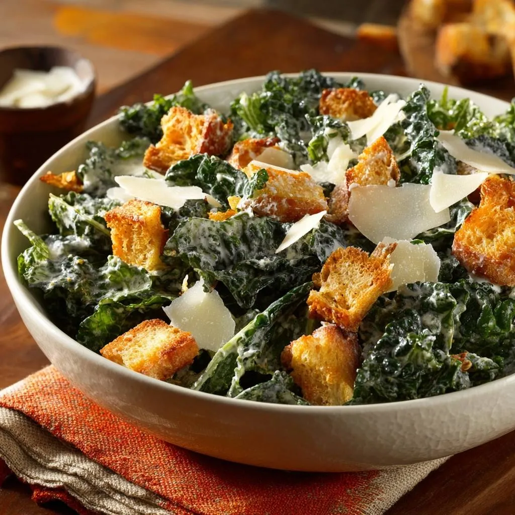 Kale Caesar salad with tender massaged leaves, croutons, and shaved Parmesan cheese in a bowl.