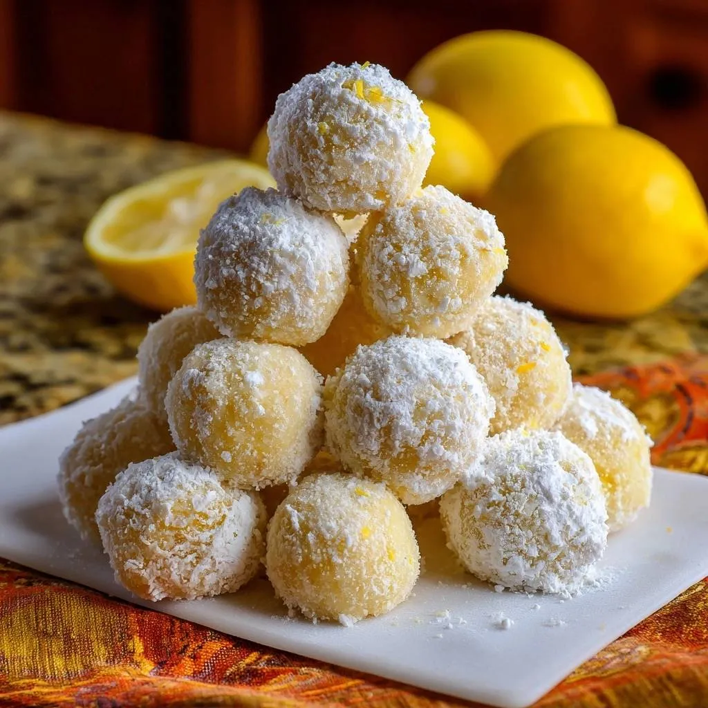 Lemon coconut balls, a zesty no-bake treat, are piled high in a pyramid on a white plate, dusted with powdered sugar.