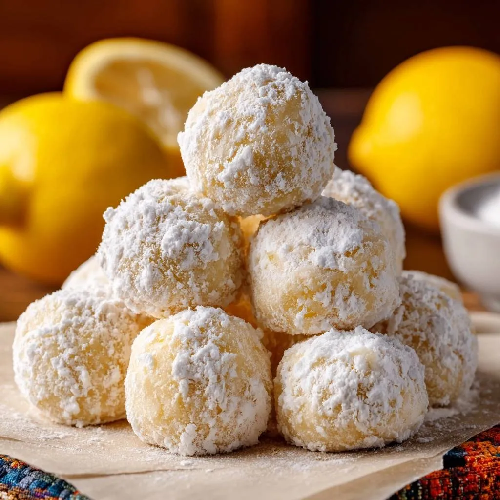 Lemon coconut balls dusted with powdered sugar, stacked in a pile, with fresh lemons in the background.