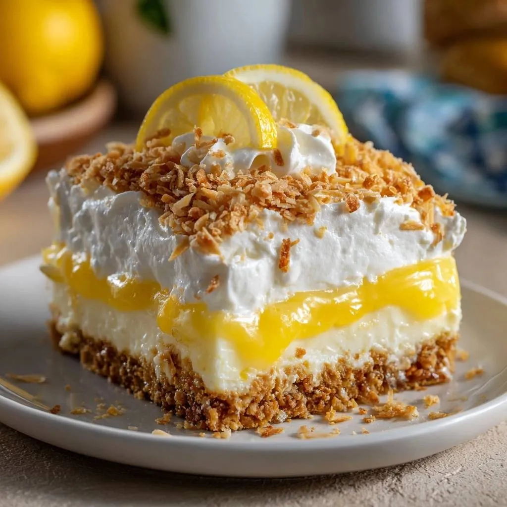 Lemon coconut cheesecake bars with a crunchy no-sog crust shown in a close-up cross-section revealing its layers.