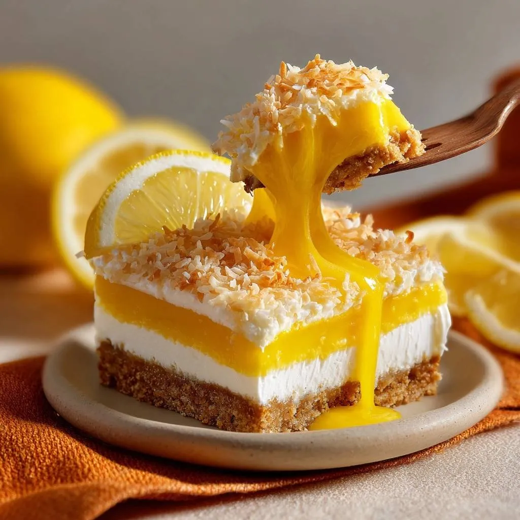 Lemon coconut cheesecake bars with crisp crust, with a fork lifting a piece showing the creamy layers and lemon drizzle.