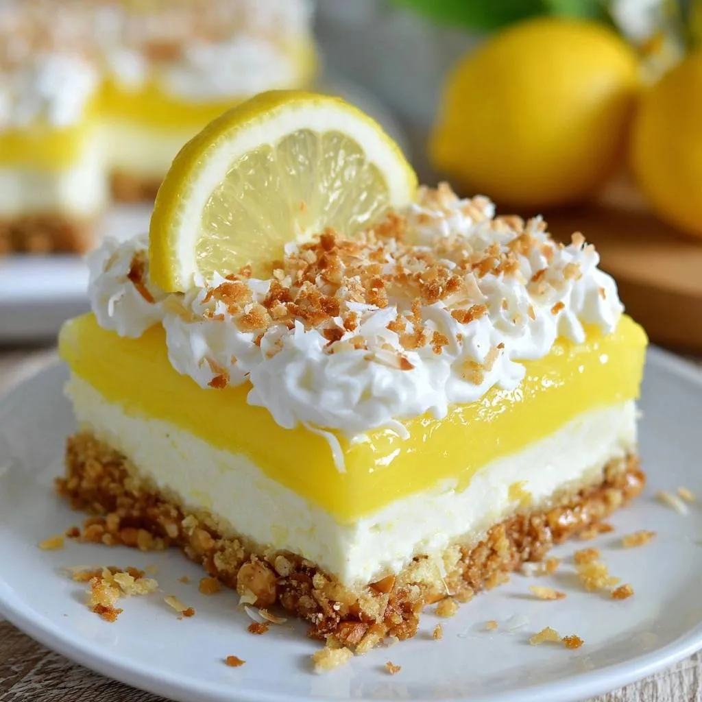 Lemon coconut cheesecake bars plated slice with whipped cream, coconut, and a lemon garnish.