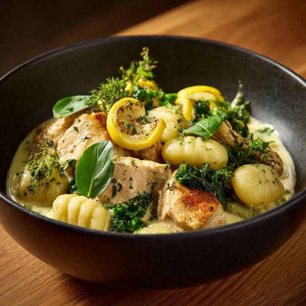 Lemon cream chicken gnocchi with greens served in a dark bowl, a close-up shot showing the creamy sauce and garnishes.