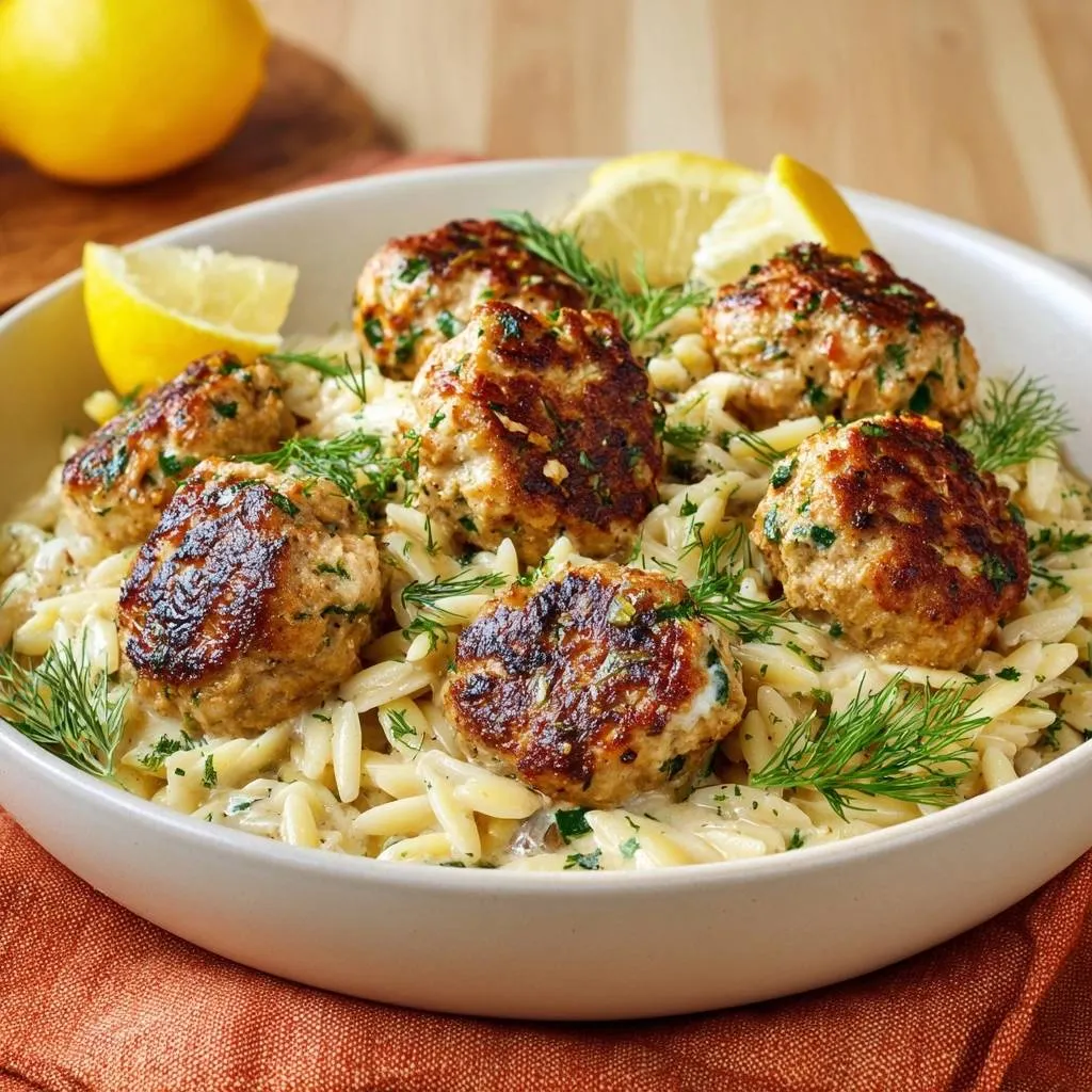 Lemon dill chicken meatballs served with creamy orzo in a white bowl, garnished with fresh dill and lemon wedges.