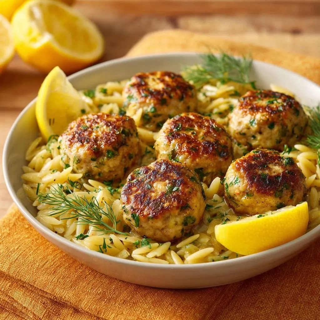 Lemon dill chicken meatballs with creamy orzo, garnished with fresh dill and lemon wedges in a white bowl.