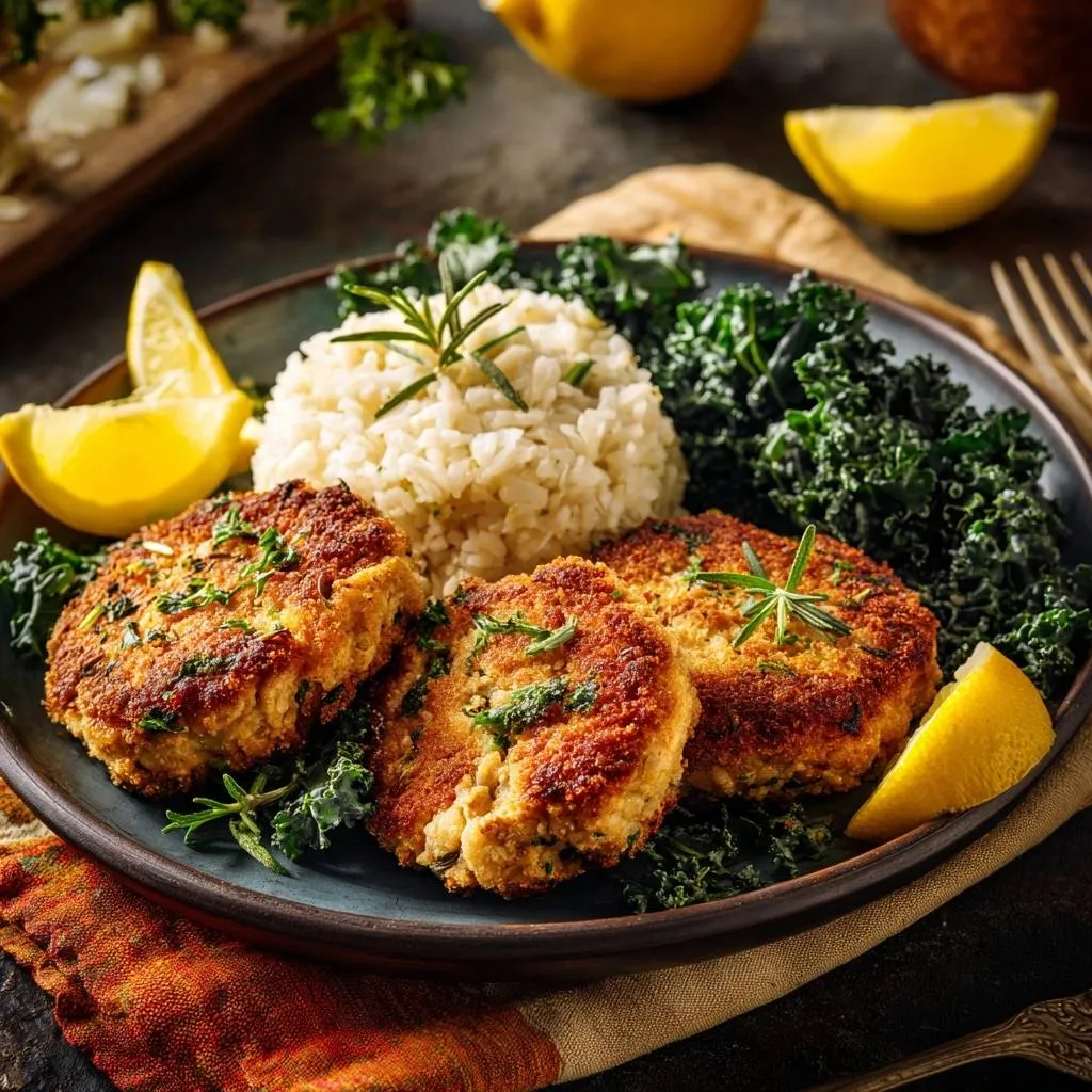 Crispy lemon herb fish cakes served with rice and kale, garnished with rosemary and lemon wedges.
