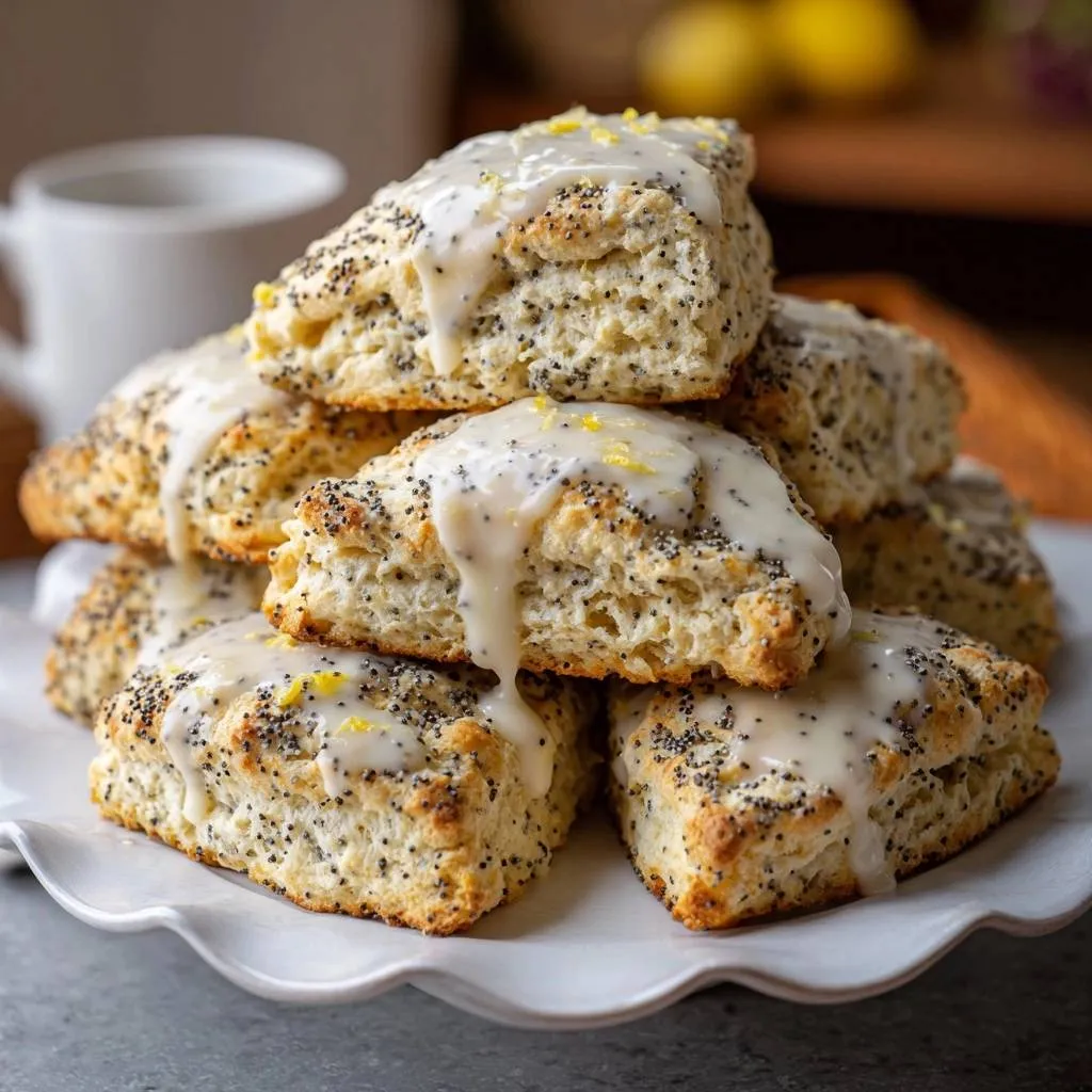 Lemon poppy seed scones with flaky layers stacked high and drizzled with a creamy glaze.