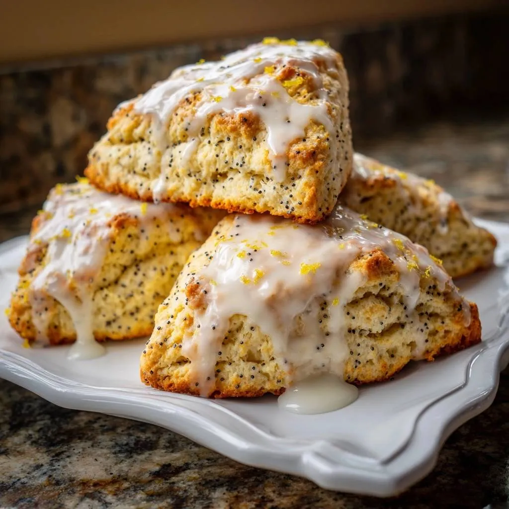 Lemon poppy seed scones with flaky layers stacked on a white plate, drizzled with white glaze and lemon zest.