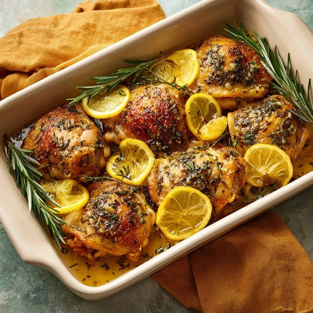 Lemon rosemary chicken thighs baked in a white dish with lemon slices and rosemary sprigs.