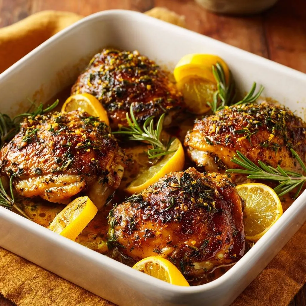 Lemon rosemary chicken thighs baked in a white dish with fresh lemon slices and rosemary sprigs.