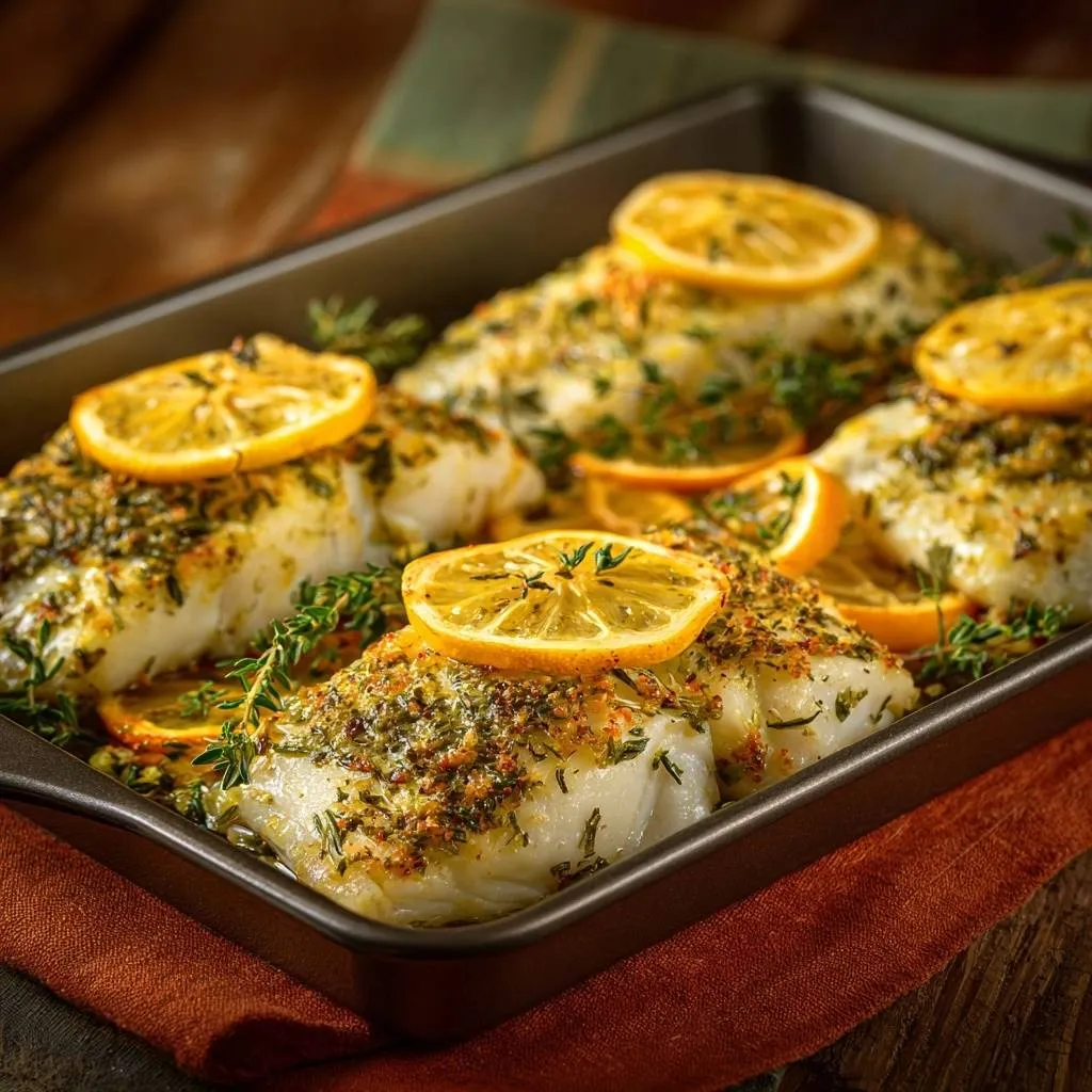 Lemon thyme baked cod served in a baking dish, topped with lemon slices and fresh herbs.