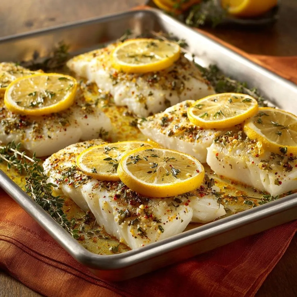 Lemon thyme baked cod fillets arranged on a baking sheet, topped with lemon slices and herbs.