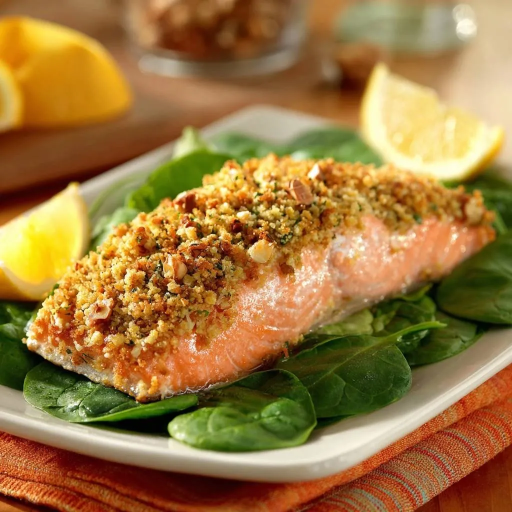 Lemony nut crusted salmon plated on spinach with lemon wedges, showcasing a detailed view of the topping.