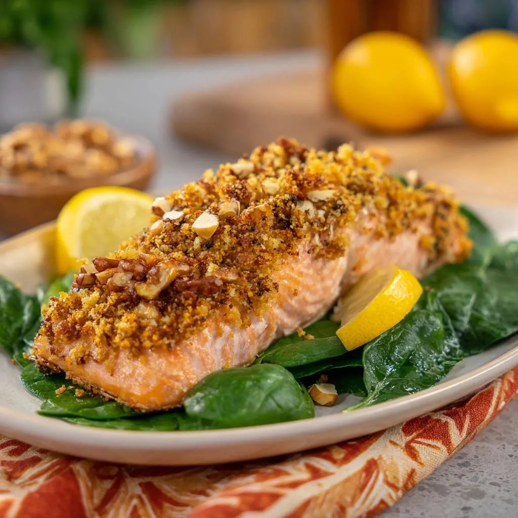 Lemony nut crusted salmon plated on a bed of spinach with lemon wedges and a nut topping.
