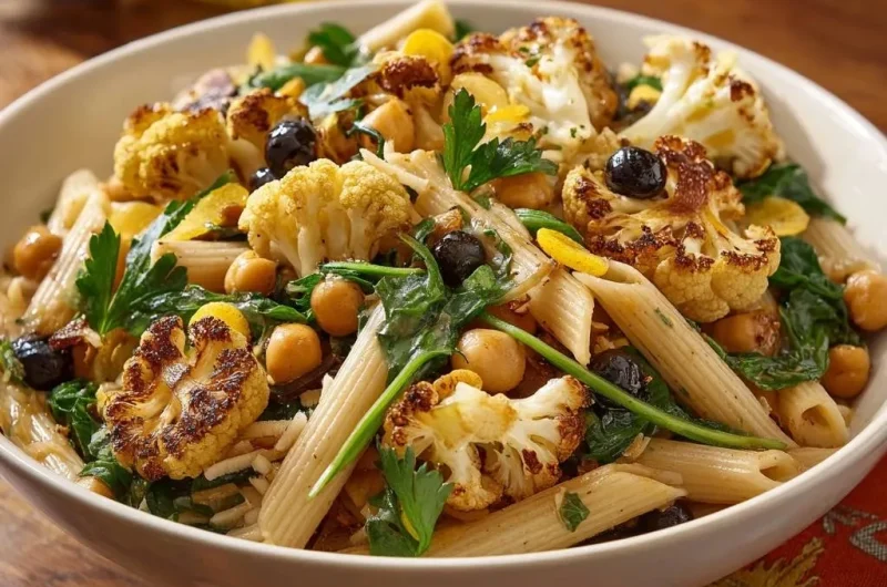Lemony Roasted Cauliflower Chickpea Pasta
