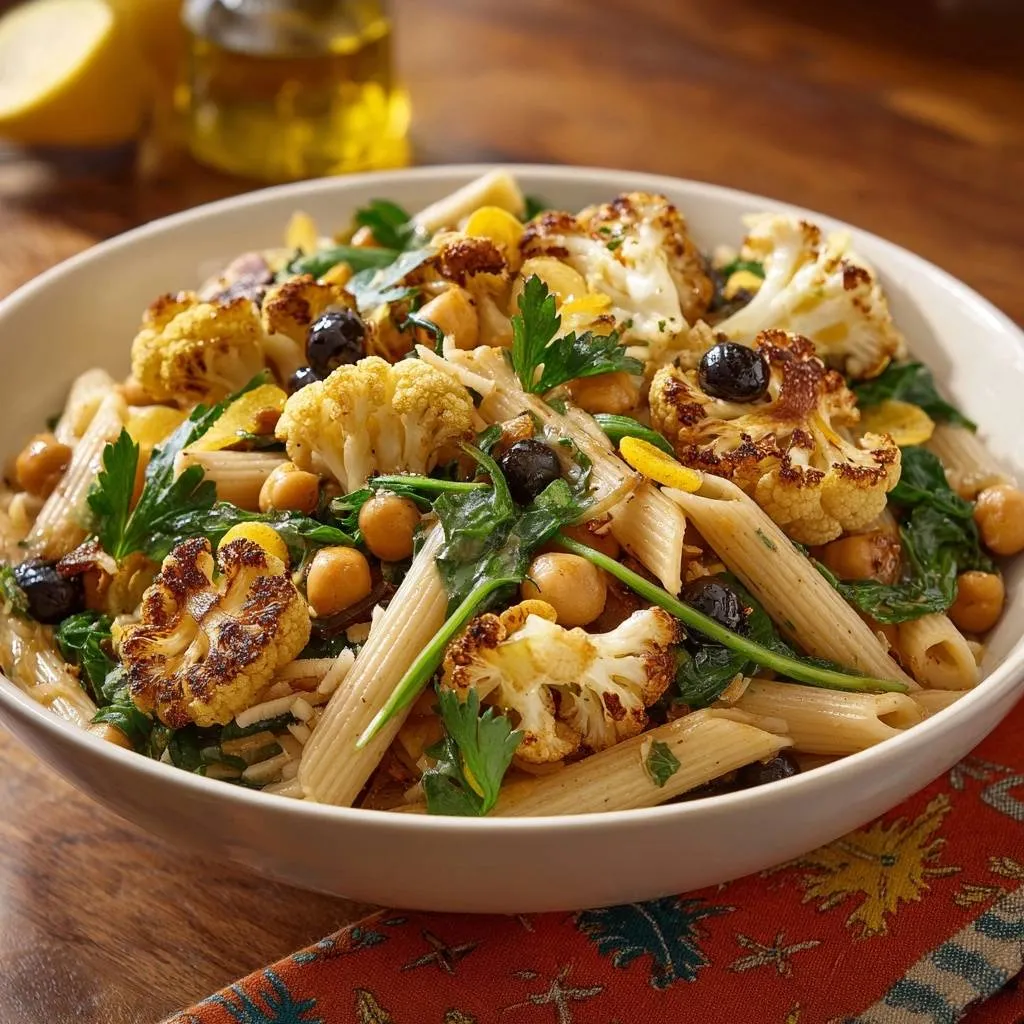 Lemony roasted cauliflower chickpea pasta served in a white bowl, showcasing roasted cauliflower florets, chickpeas, olives, and penne pasta.