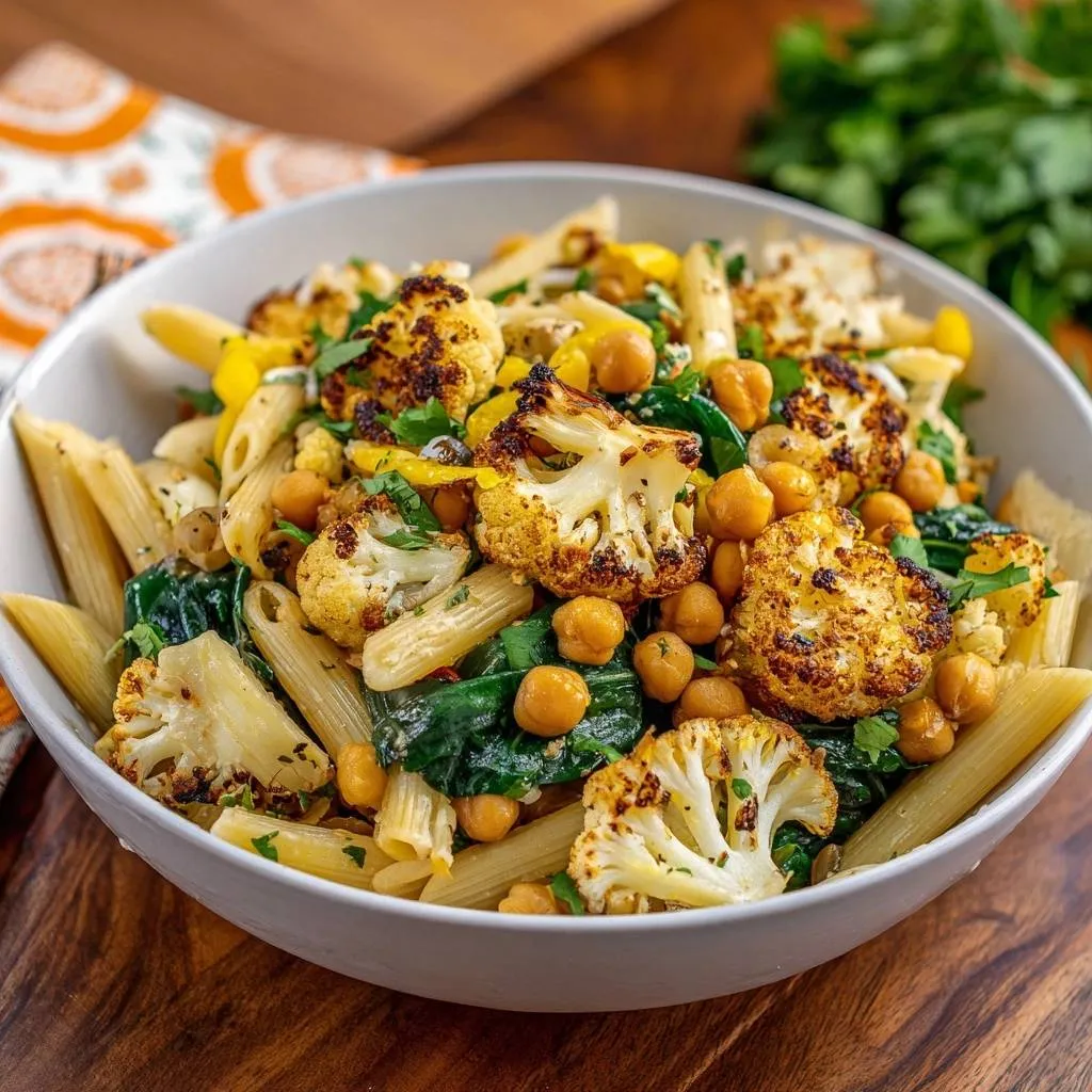 Lemony roasted cauliflower chickpea pasta served in a white bowl, showcasing roasted florets and penne.