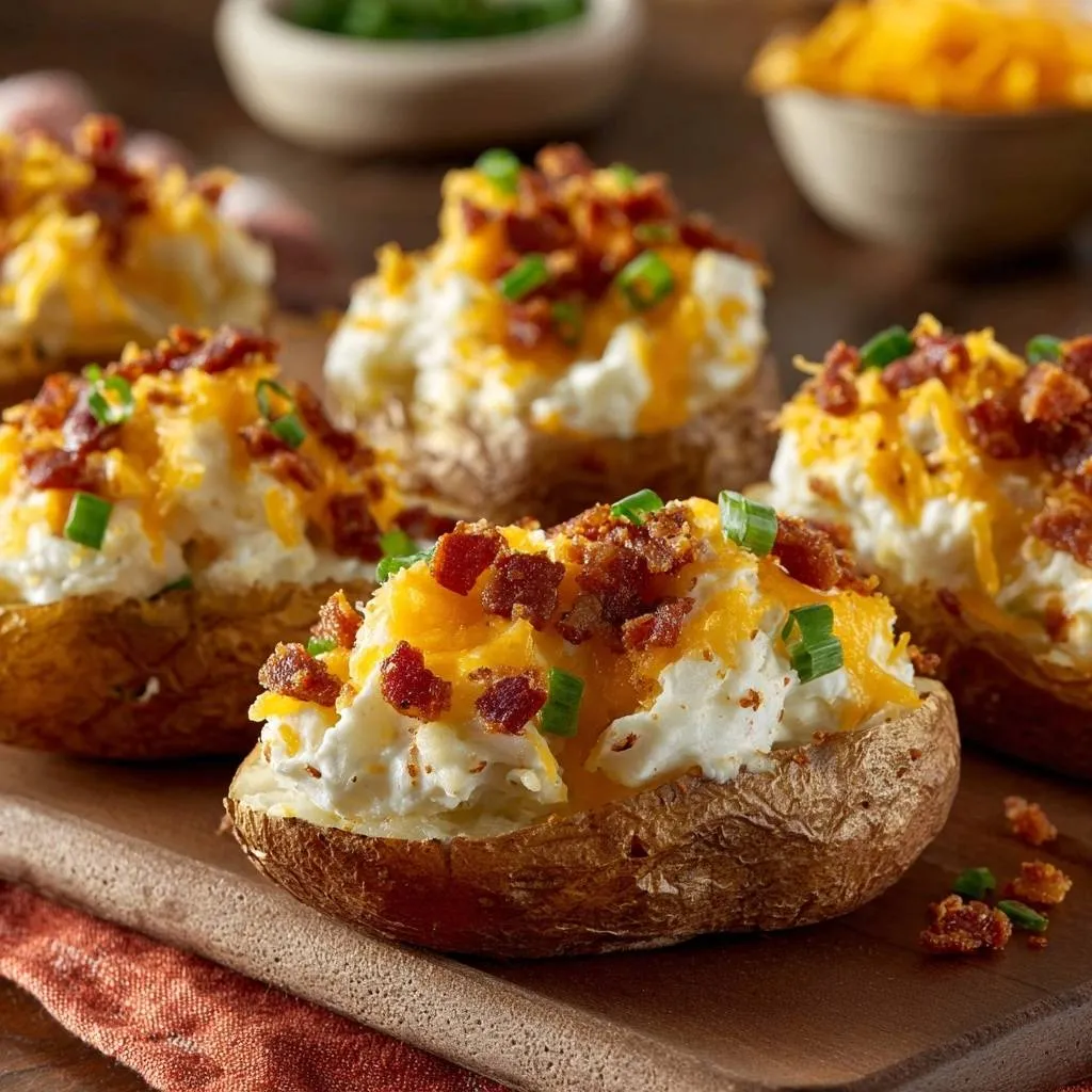 Loaded baked potatoes with a generous topping of melted cheddar cheese, crispy bacon, and fresh green onions.