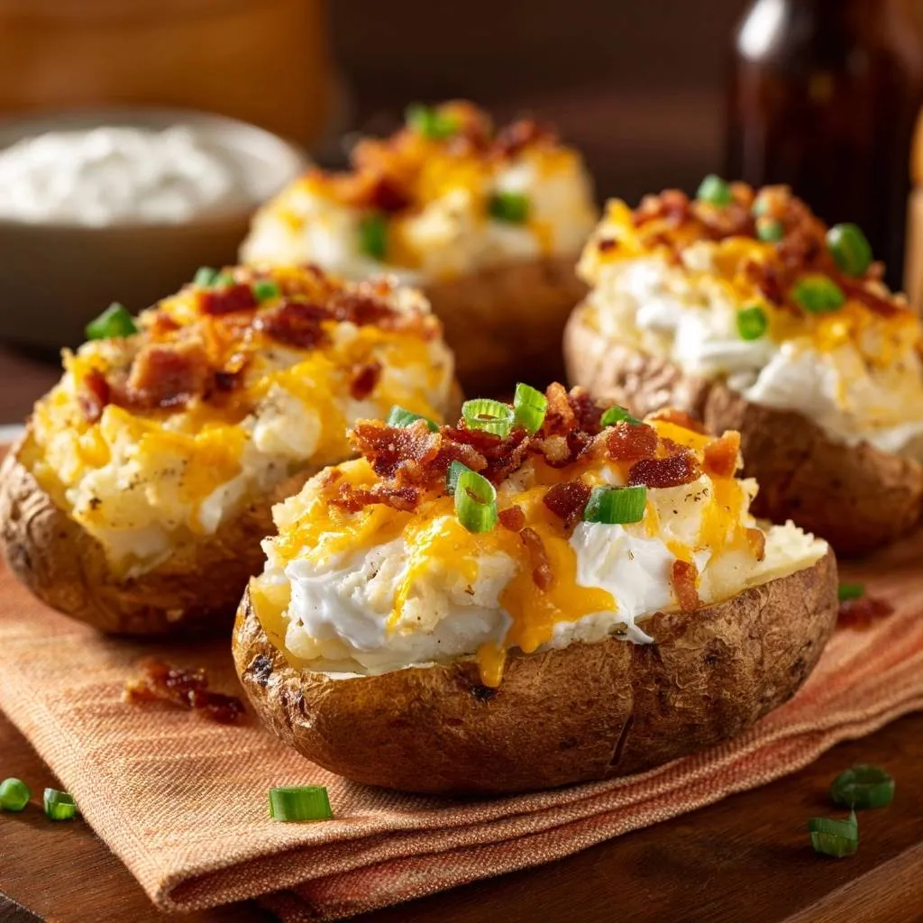 Loaded baked potatoes with crispy skins, showcasing a close-up view of cheesy and bacon toppings.