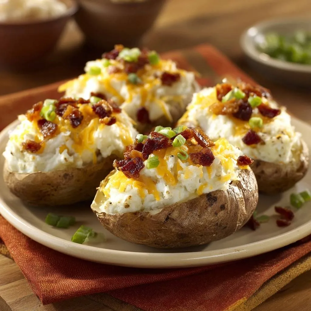 Loaded baked potatoes with crispy skins, served four on a plate and garnished with bacon and chives.