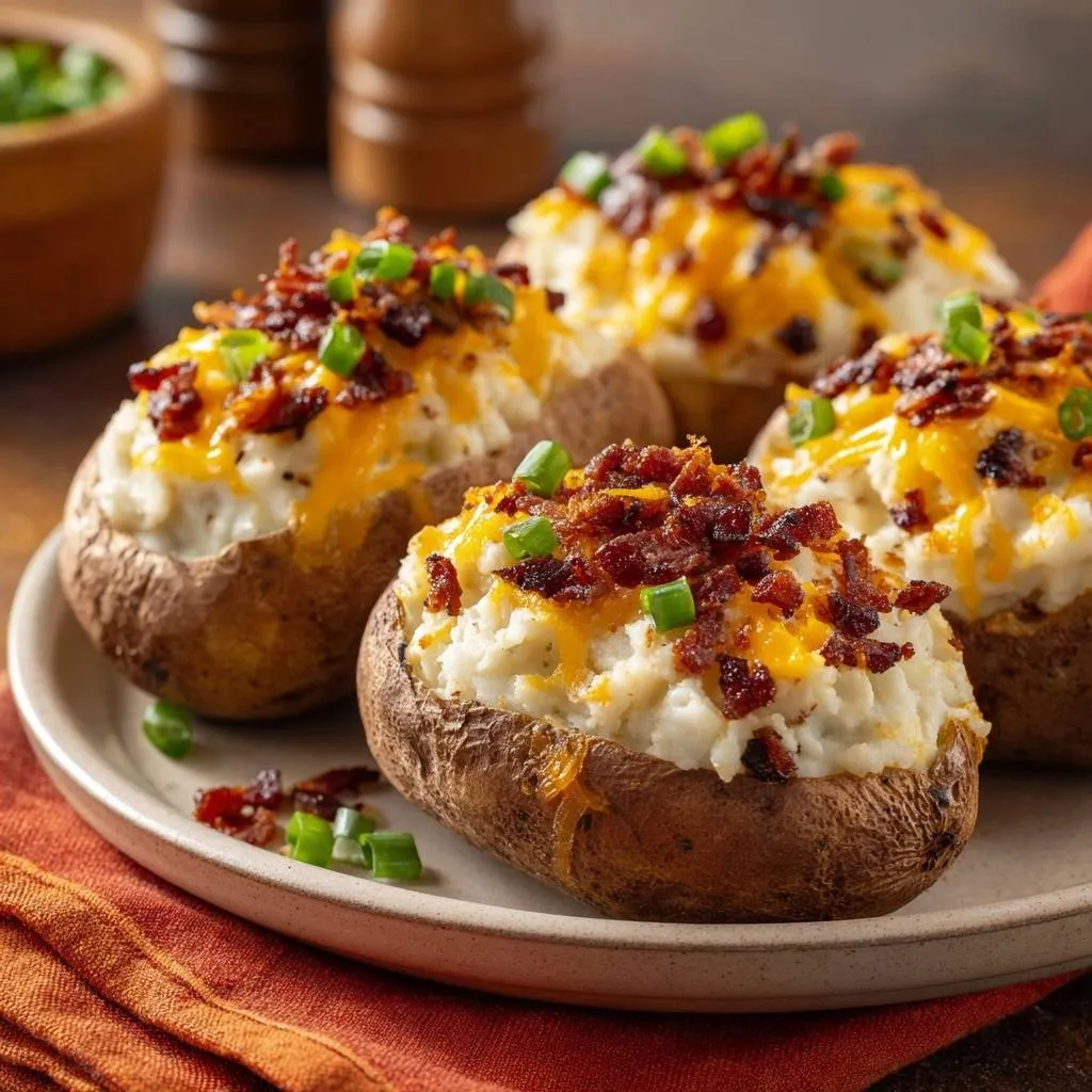 Loaded baked potatoes with melted cheese, bacon, and green onions plated together on a white dish.