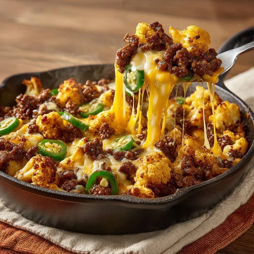 Loaded cauliflower nachos in a skillet with a forkful being lifted, showing melted cheese strings.