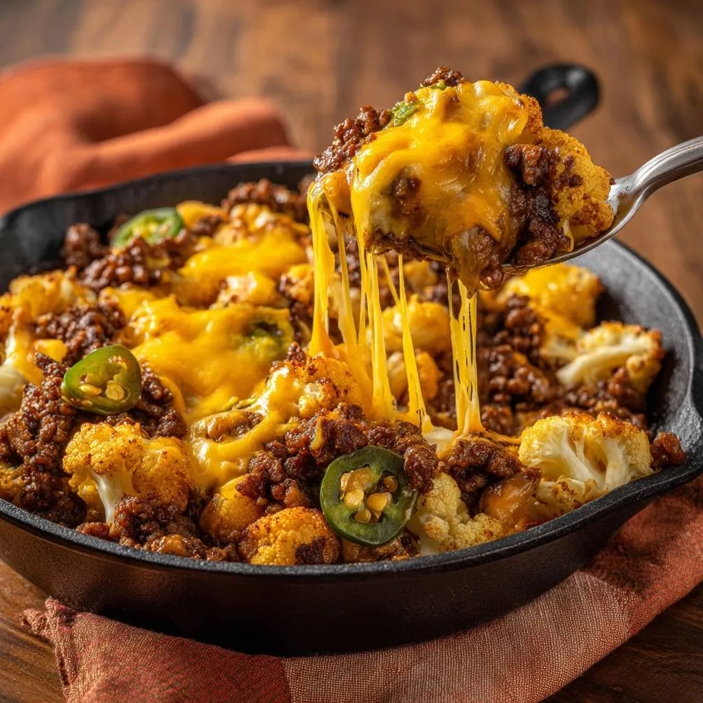 Loaded cauliflower nachos with cheesy goodness being lifted with a spoon from the cast iron skillet.