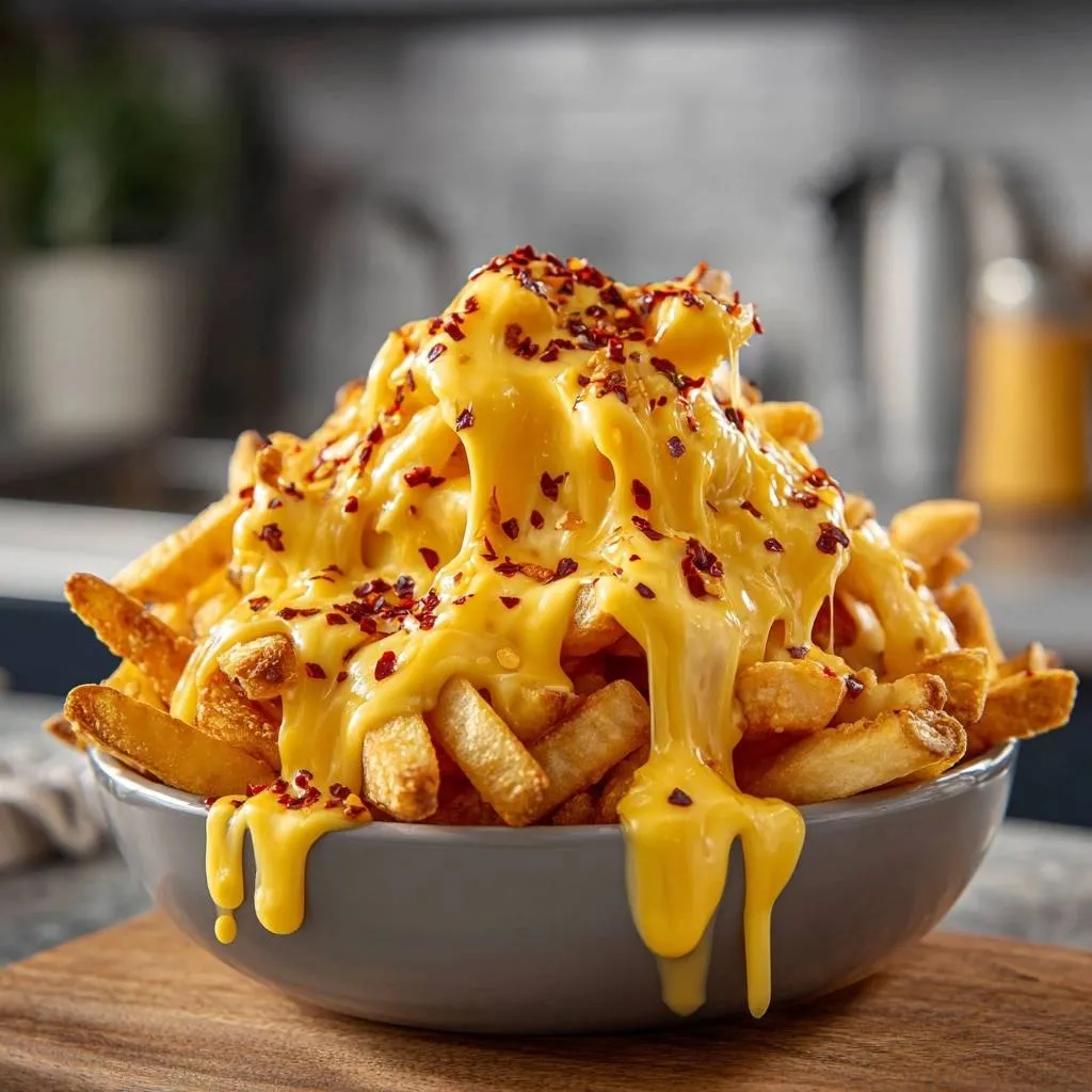 Loaded cheese fries with a gooey cheese melt and chili flakes, shown in a close-up detail shot.