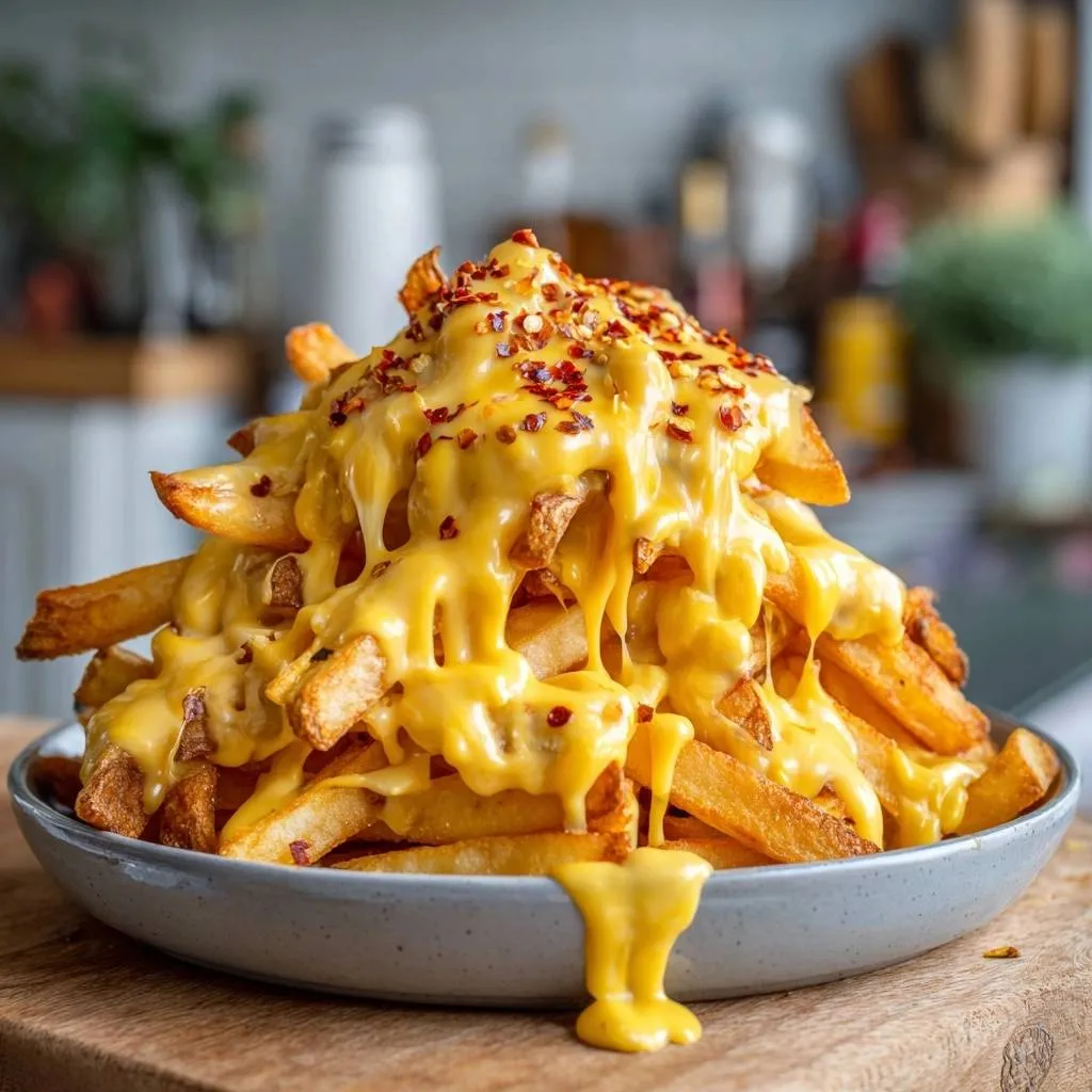 Loaded cheese fries with a thick, melted cheese topping and chili flakes, shown in a close-up detail shot.