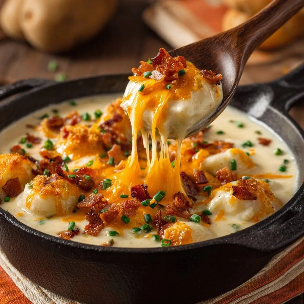 Loaded cheesy cauliflower casserole scooped with a wooden spoon, showing a delicious cheese pull and bacon topping.