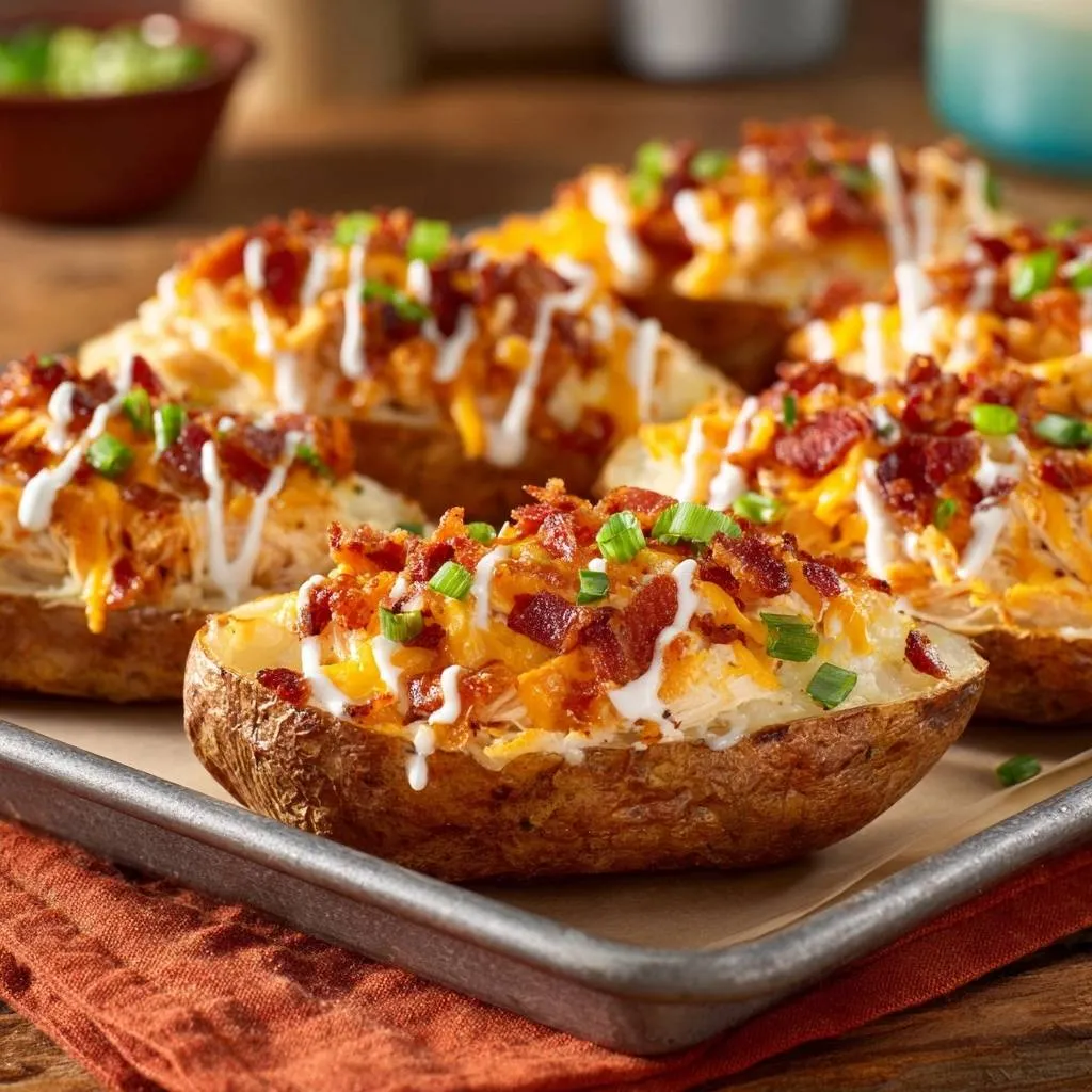 Loaded chicken baked potatoes with crispy skins generously topped with cheese, bacon, and green onions.