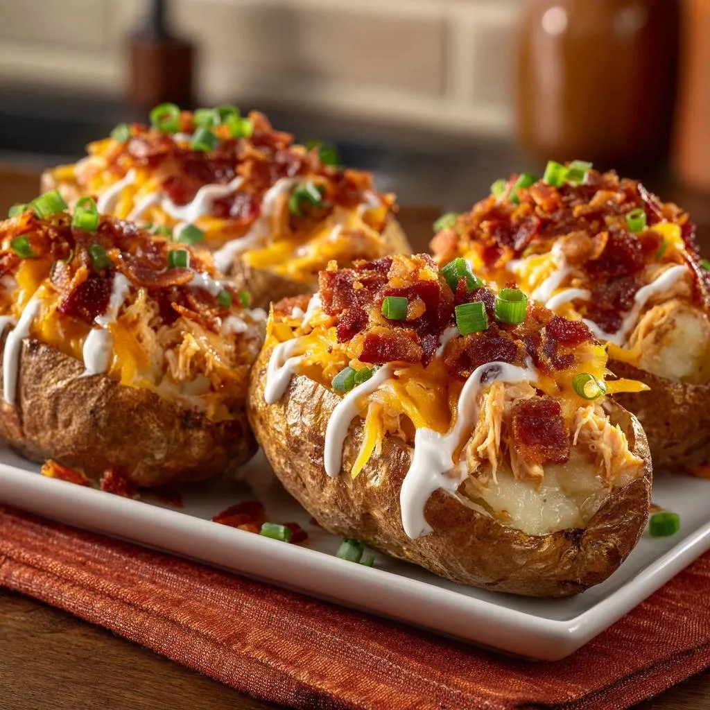 Loaded chicken baked potatoes with crispy skins shown served four on a white plate with a close-up view of the toppings.