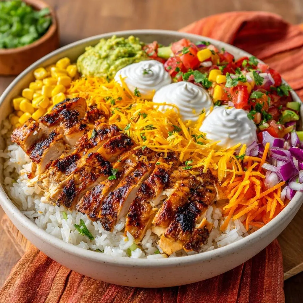 Loaded chicken burrito bowl featuring sliced juicy brined chicken and fresh toppings arranged in a bowl.