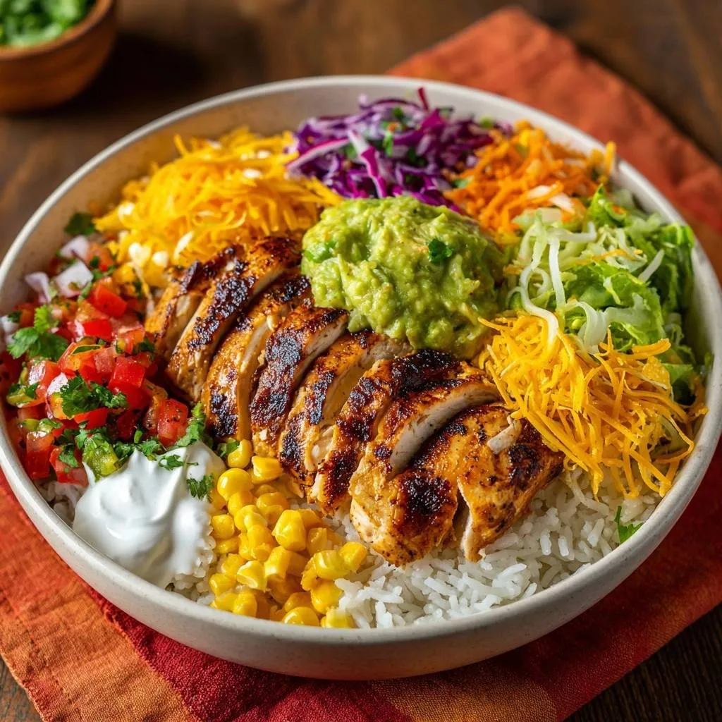 Loaded chicken burrito bowl with juicy brined chicken, sliced and arranged over rice with fresh toppings.