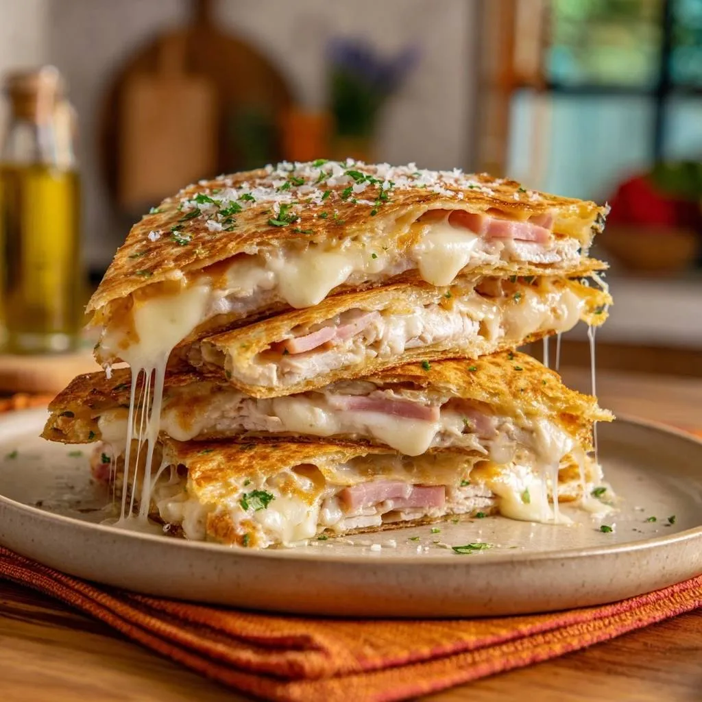 Loaded chicken ham quesadillas stacked high, showcasing gooey melted cheese oozing from the layers.