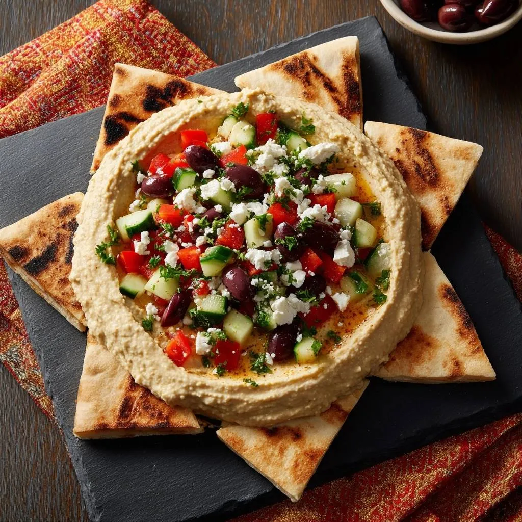 Loaded Greek Hummus Platter with a vibrant topping of diced vegetables, feta, olives, and parsley.