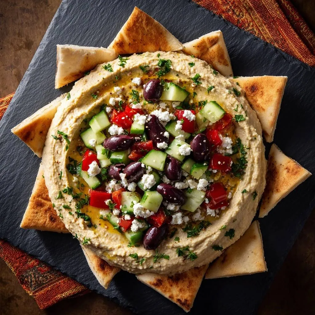 Loaded Greek hummus platter with feta, olives, and cucumber, served in a star shape with pita bread.
