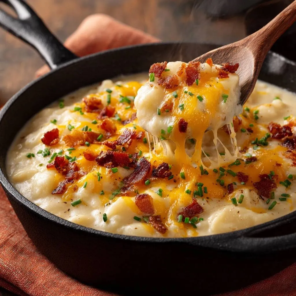 Loaded potato soup topped with melted cheddar cheese, crispy bacon bits, and fresh chives in a cast iron skillet.