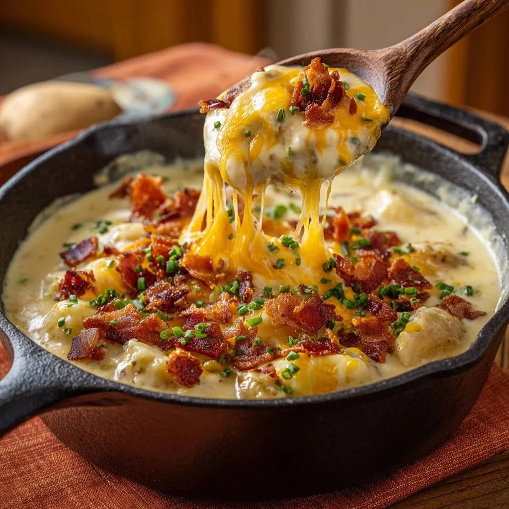 Loaded potato soup with a cheesy pull on a wooden spoon, topped with bacon and chives.