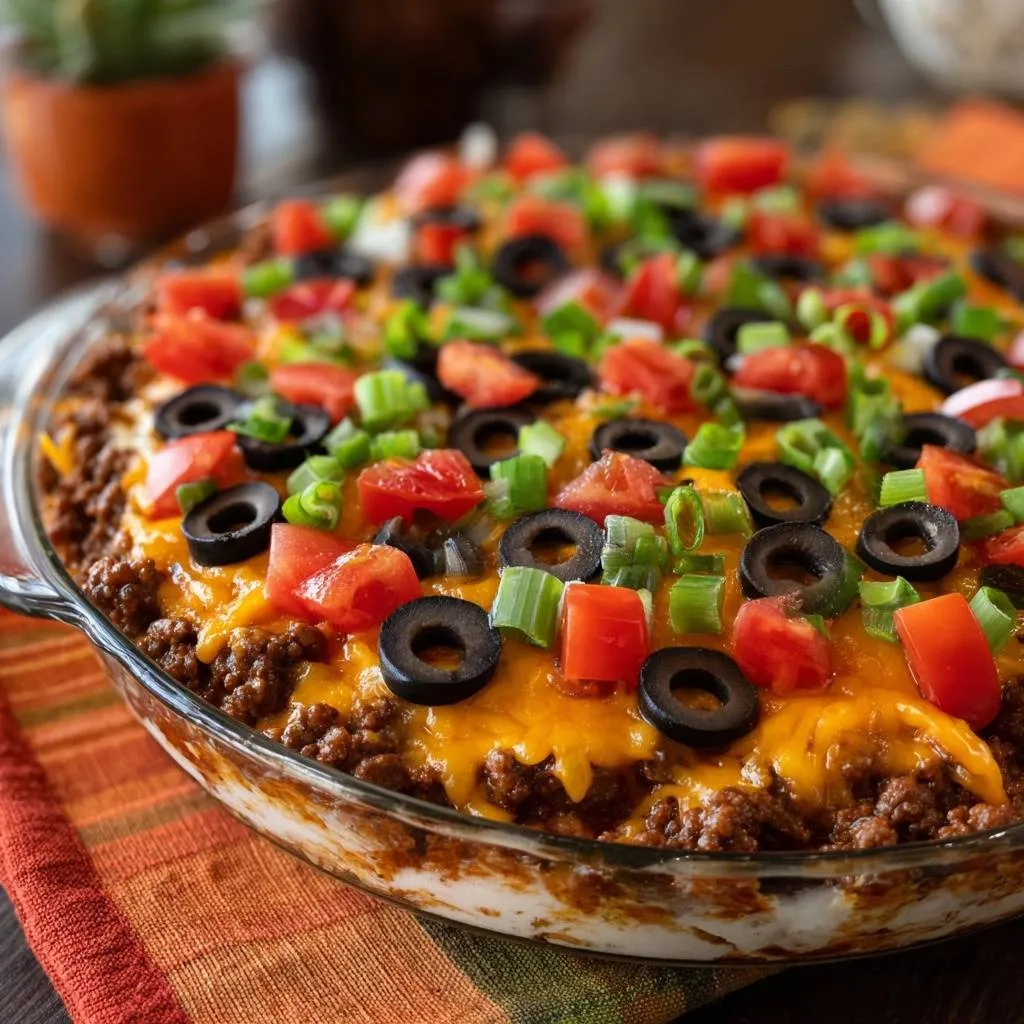 Loaded taco pie with a close-up view of the cheesy, tomato, olive, and green onion topping.