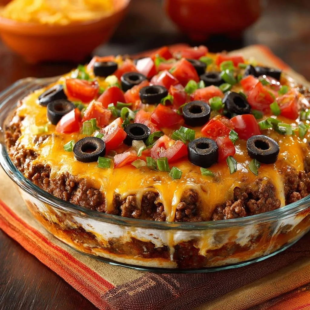 Loaded Taco Pie with melted cheese, olives, tomatoes, and green onions on top.