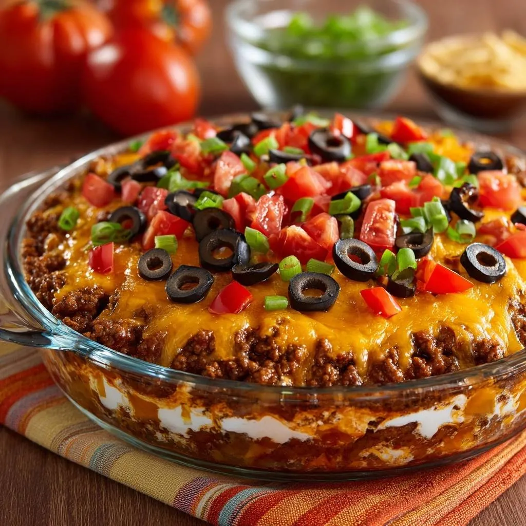 Loaded taco pie showing its distinct layers of seasoned ground beef, cheese, and creamy filling in a close-up cross-section view.