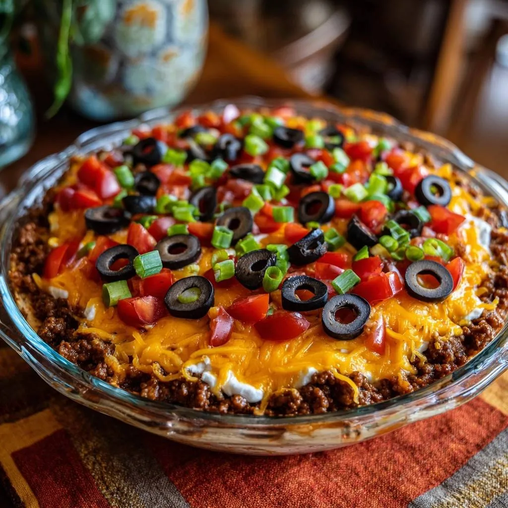 Loaded taco pie featuring a colorful top layer of diced tomatoes, black olives, and green onions.