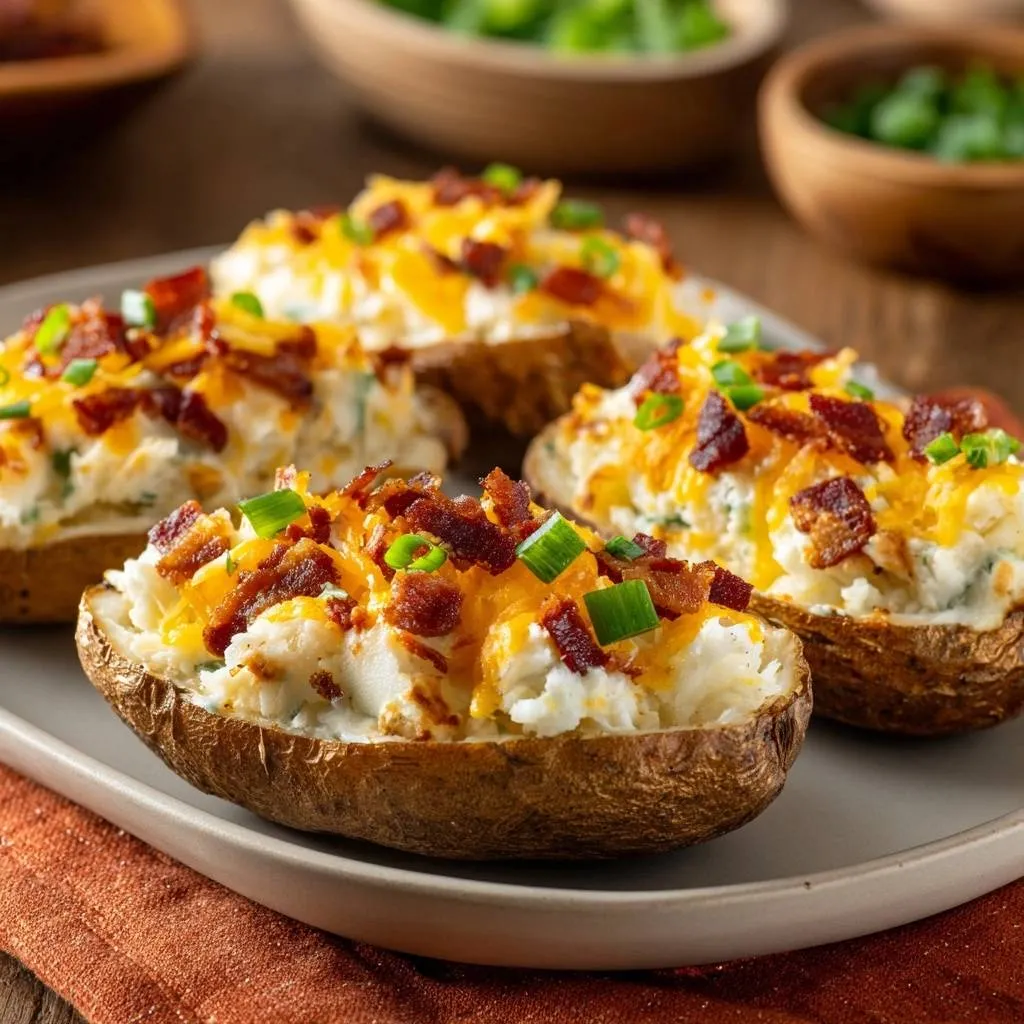 Loaded twice-baked potatoes with a fluffy filling, topped with melted cheese, bacon, and green onions.