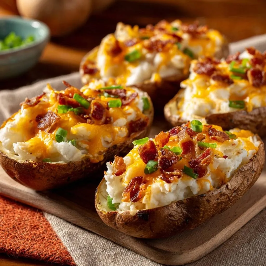 Loaded twice-baked potatoes with fluffy filling, four servings arranged on a wooden board.