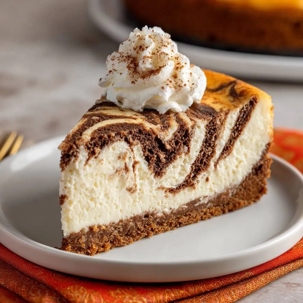 Marbled chocolate cheesecake slice with whipped topping and cinnamon, presented on a white plate.