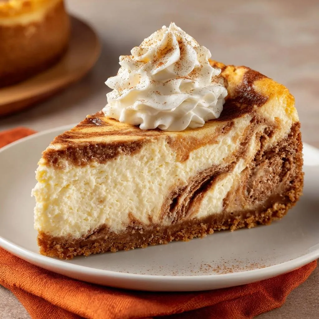 Marbled chocolate cheesecake, a single slice topped with whipped cream and cinnamon, presented on a white plate.