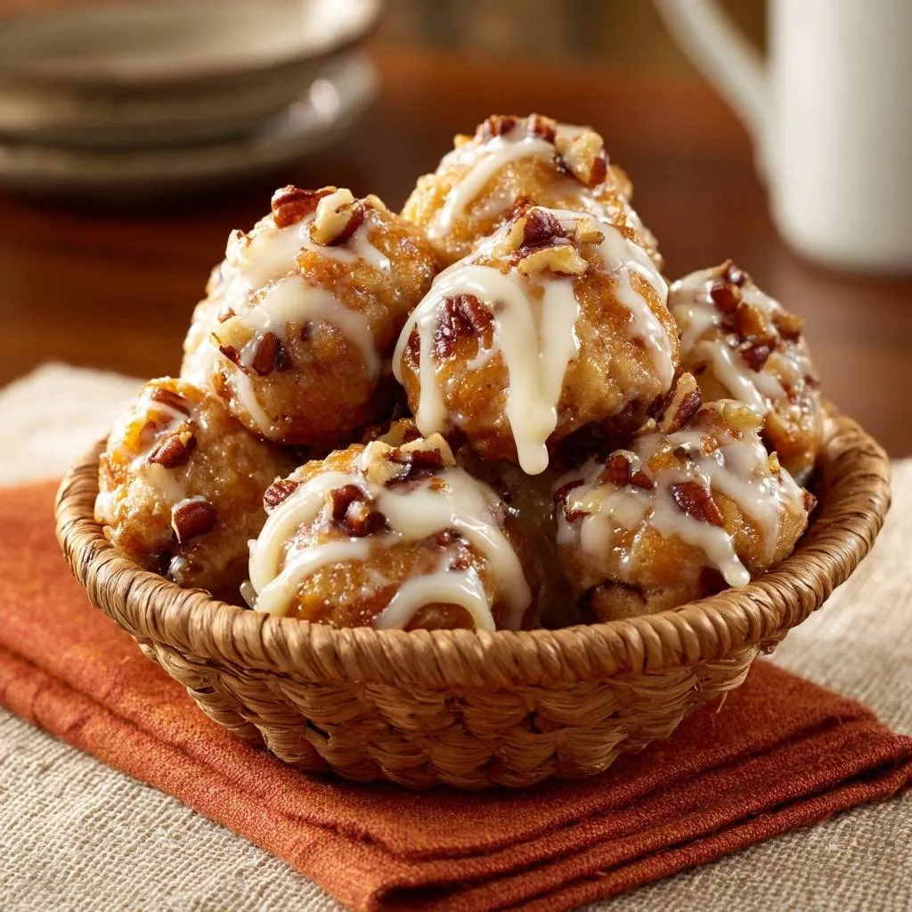 Mini pecan sticky buns with icing and nuts served in a woven basket, a close-up detail shot.