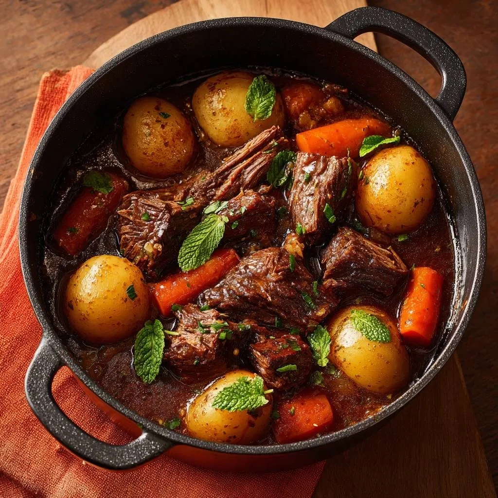 Mint beef stew in a Dutch oven, featuring tender beef chunks, potatoes, carrots, and fresh mint garnish.