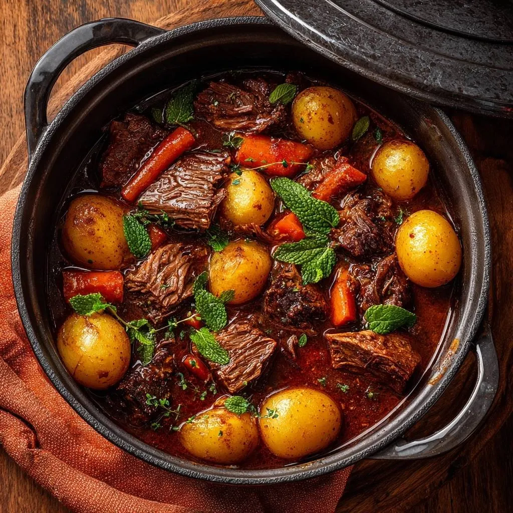 Mint beef stew with tender beef chunks, potatoes, and carrots, presented in a Dutch oven from an overhead view.